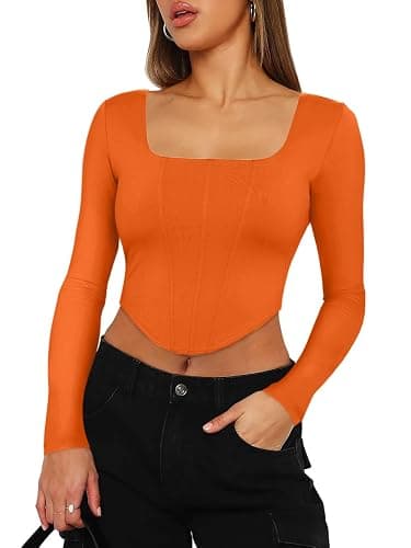 REORIA Womens Trendy Sexy Square Neck Long Sleeve Backless Y2K Going Out Boned Bustier Corset Crop Tops thumbnail 5