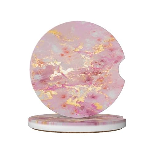 Car Coaster for Cup Holders, 2 Pack Absorbent Ceramic Car Cup Holder Coaster, Cute Auto Assecories for Women Men, Universal Size 2.56 in with Finger Notch & Cork Base, Gold Pink Marble - Image 1