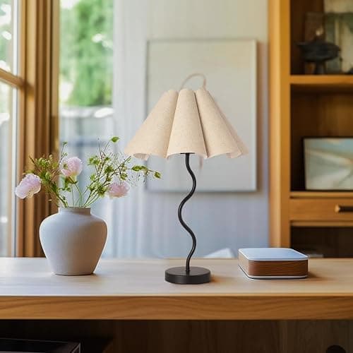 KUNJOULAM Small Table Lamp, Bedside Nightstand Lamp with Umbrella Form Fabric Lampshade Black Base, Morden Mini Desk Lamp for Bedroom Home Office Decor thumbnail 2