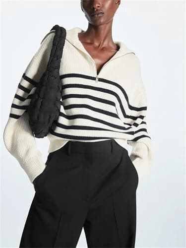 Women's Turtleneck Loose Lapel Striped Knitwear Pulovers Half Zipper Casual Fashion Sweaters thumbnail 2