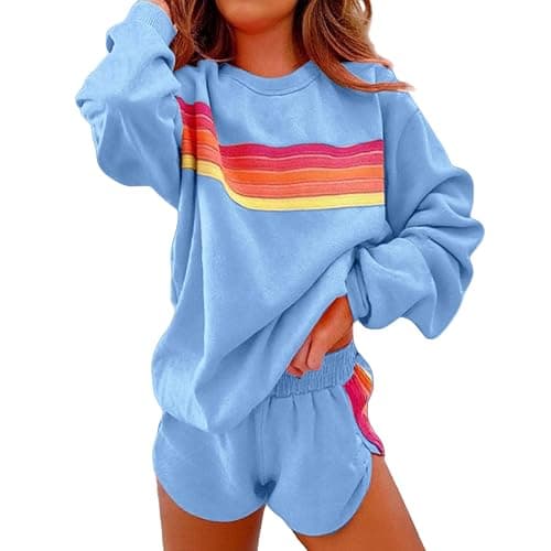 Toumov 2 Piece Lounge Sets for Women Rainbow Striped Outfits Casual Long Sleeve Sweatshirt Shorts Trendy Matching Sweatsuit - Image 1