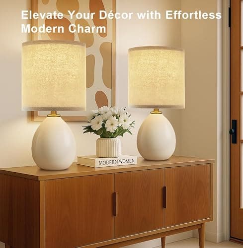 Dawnwake 18.5" Table Lamp Set of 2 for Living Room Bedroom, Bedside Lamps for Night Stands, Desk Nightstand Lamp Dimmable, Modern Linen Cream Ceramic Lamps (Cream) thumbnail 4