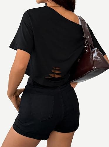 Remidoo Womens Off The Shoulder T Shirt Short Sleeve Crop Top Loose Tee Distressed Ripped Shirts thumbnail 3