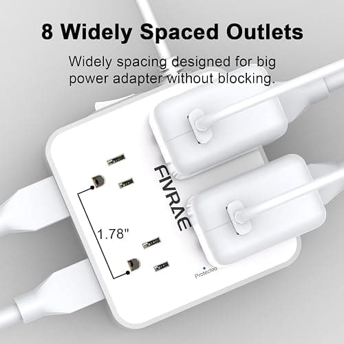 FIVRAE 10Ft Extension Cord with Multiple Outlets, 8 Outlets and 4 USB Ports | 10 Feet Flat Plug Long Cord Surge Protector Power Strip for Home Office, College Dorm Room Essentials, ETL Listed, White thumbnail 6