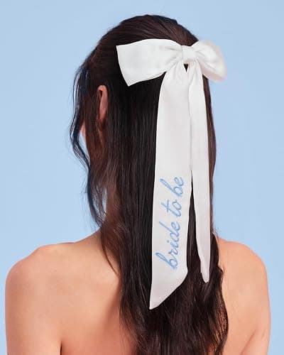 xo, Fetti Blue Bride to Be Embroidered White Hair Bow | Bachelorette Party Hairpiece, Bridal Shower Accessory, Bridesmaid Gift, Wedding Headband, Engagement Accessory - Image 1