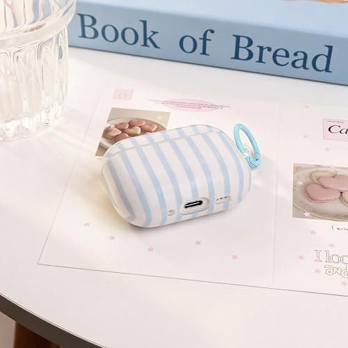 Fycyko Compatible for AirPods Pro 2/1 Case Soft TPU with Cleaner Kit Cute Striped Aesthetic Design Shockproof Keychain Cover for Girls Woman-Blue thumbnail 4
