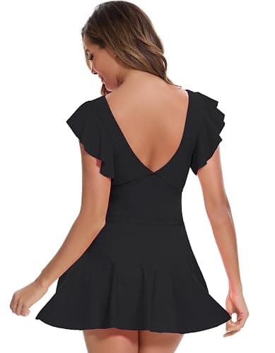 MFAVIP Women One Piece Swim Dress Tummy Control Swimsuits V Neck Ruffle Bathing Suit Cutout Sexy Wrap Side Tie with Skirt thumbnail 6