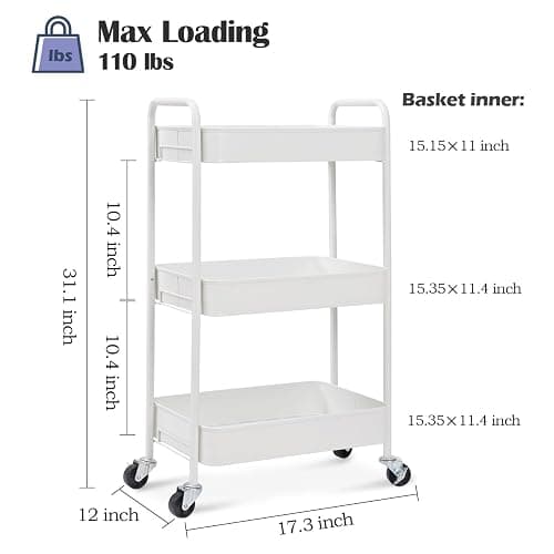 TOOLF 3-Tier Rolling Cart - Metal Utility Storage Organizer with Lockable Wheels, 33 lbs Per Shelf, Tool-Free 5-Min Assembly, for Kitchen Bathroom Office Nursery Craft Room, White thumbnail 3