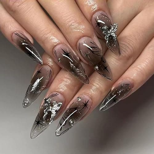 MouyouGlow Press on Nails Mittellang,Almond Sheer Schwarz 3D Schmetterling Star Print Y2K Fake Nails mit Nagelkleber,Gothic Künstliche Fingernägel thumbnail 7