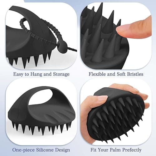 Manmihealth Silicone Back Scrubber & Soft Bath Glove, Silicone Scalp Massager Set 5 PCS, Super-Exfoliating Body Scrubber Shower Brush & Shampoo Brush Combination, with 2 Free Hooks (Style 2 Black) thumbnail 5