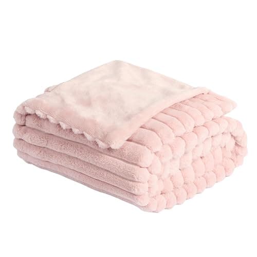 OHS Faux Fur Ribbed Pink Throw, Winter Warm Thick Blanket for Bed Sofas Fleece Throws for Home Decorative Comfy Super Soft Couch Cover Throw, 125 x 150cm - Blush - Image 1