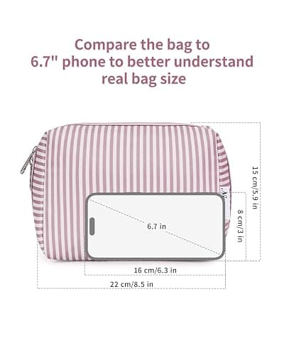 Narwey Striped Makeup Bag Travel Cosmetic Bag Organizer Toiletry Bag Make Up Bags with Compartments for Women Girls (Large, Dusty Rose Stripe) thumbnail 4