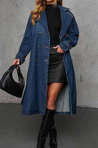 loveimgs Women Vintage Double Breasted Mid Long Denim Jacket Jean Trench Coat Duster Blazer Jacket Windbreaker Belt thumbnail 2