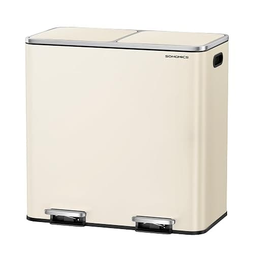 SONGMICS Trash Can, 2 x 10.6 Gallon (2 x 40 L) Garbage Can for Kitchen, with 15 Trash Bags, 2 Compartments, Plastic Inner Buckets and Hinged Lids, Airtight, Almond Color ULTB730A01V1 - Image 1