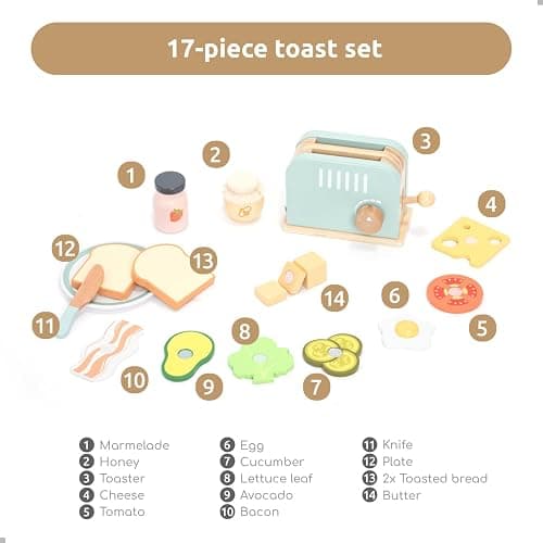 UMU® Wooden Toaster & Sandwich Set for Kids – 14-Piece Pretend Play Kitchen Toy with Real Pop-Up Toaster, Butter, Knife & Accessories – Wooden Kitchen Playset for Boys and Girls Ages 3–6 thumbnail 6