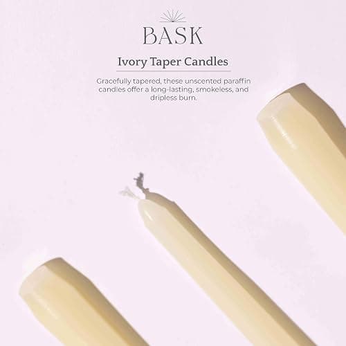 Bask 10-inch Taper Candles - Unscented and Dripless - Burns for 8 Hours - Home Decor for Dinner Table, Kitchen, and Bedroom - Perfect for a Romantic Date or Anniversary - 12-Pack - Ivory thumbnail 7