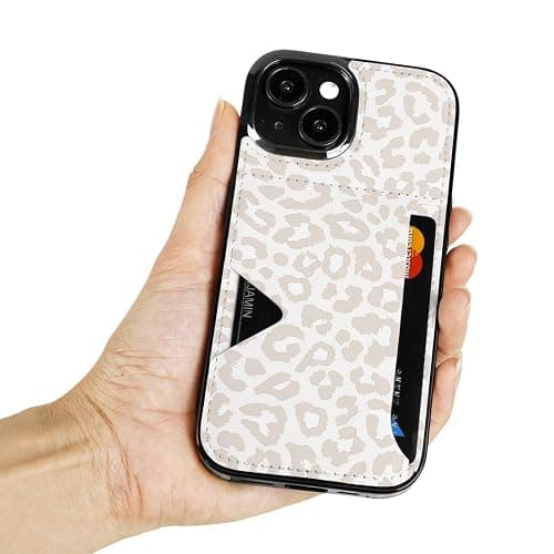 uCOLOR for iPhone 13 14 15 Case with Card Holder- Slim Leather Wallet Case Credit Card Holder Drop Protective Hidden Card Slot Cover for Woman Man (Beige Leopard, iPhone 15/14/13) thumbnail 2
