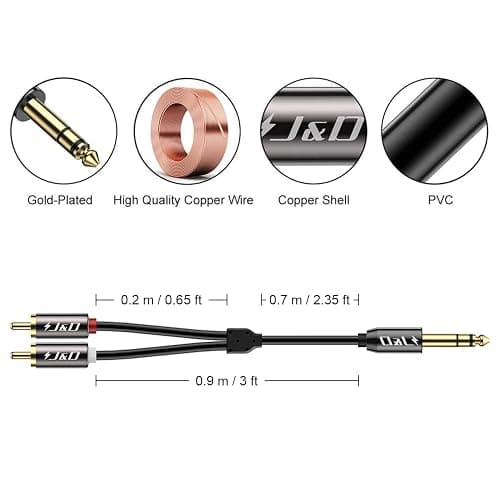 J&D 1/4 inch TRS to Dual RCA Audio Cable, Gold Plated Copper Shell Heavy Duty 6.35mm 1/4 inch Male TRS to 2 RCA Male Stereo Audio Y Splitter Cable, 3 Feet thumbnail 2