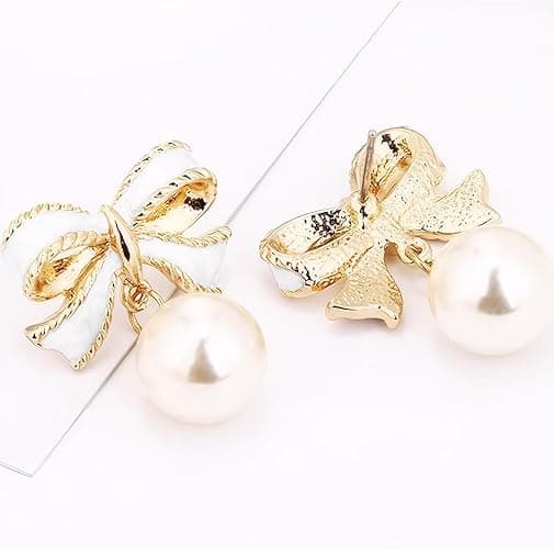 Gold Bow Earrings for Women, Long Tassel Chain Drop Earrings, Trendy Small Bow Earrings, Ribbon Waterfall Dangling Earrings, Pearl Bow Earrings, Sparkly Elegant Bowknot Preppy Jewelry Gifts for Women thumbnail 3