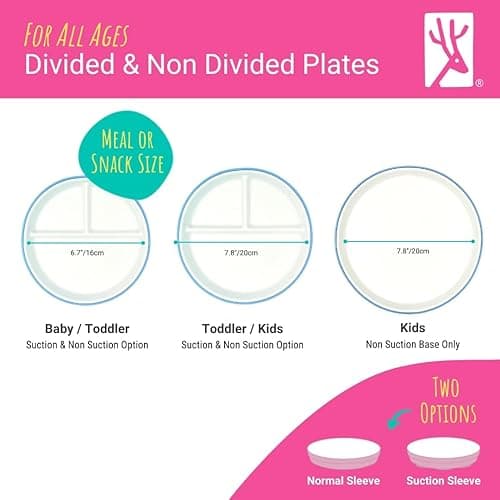 Elk and Friends Kids 6.7” Porcelain Divided Plates with Silicone Sleeves | Suitable for Babies/Kids/Toddlers | Microwave & Dishwasher Safe | Non Slip | Snack Dishes - Sage/Misty Blue/Navy/Gray - 6.7" Divided thumbnail 3