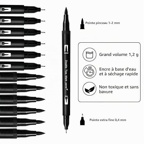 Surcotto Dual Brush Pen, 12 Feutres Noirs épais et fins,Double Pinceau Noir pour bullet journal, calligraphie, manga, croquis, livres de coloriage et lettrage à la main thumbnail 6