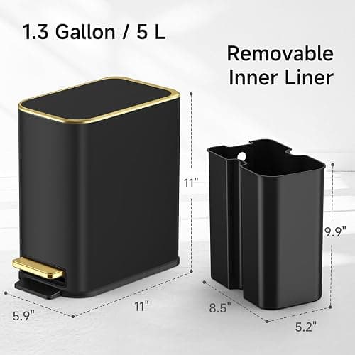 TIPGO Small Bathroom Trash Can with Lid Soft Close, Step Pedal, 5 Liter / 1.3 Gallon Stainless Steel Trash Bin, Slim Garbage Cans for Toilet, Office, Bedroom (Black) thumbnail 7