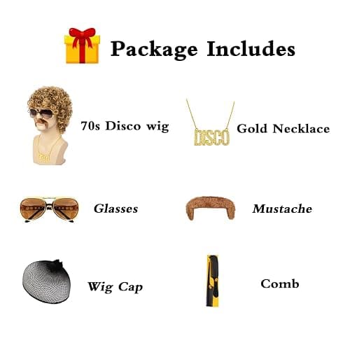 TUOFLY Disco Wig 5Pcs Set (Wig+ Glasses+ Necklace+ Mustache+ Wig Cap) 70'S Costumes Wig Afro Wig Men Short Curly Natural Fluffy Synthetic hair Wig for Halloween Disco Party thumbnail 3
