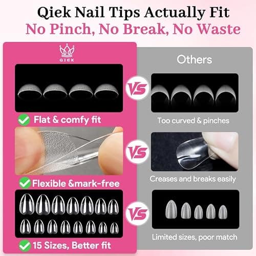 Qiek Short Almond Nail Tips - 15 Sizes 240 PCS Half Matte Full Cover Clear Fake Nails Pre-shaped Press On False Nail Tips Acrylic Soft Nail Gel Tips No C Curve Extension Manicure Home DIY Gelly Tips thumbnail 5