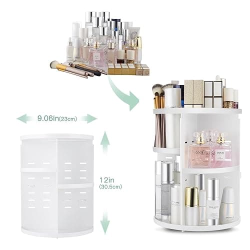 seinlife 360 Rotating Makeup Organizer,DIY Adjustable Spinning Holder,Foldable Cosmetic Storage Display box,Large Capacity Make up Caddy Shelf,Fits Countertop Vanity and Bathroom (WHITE) thumbnail 3