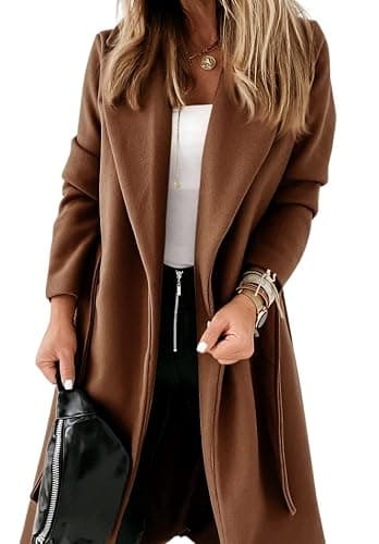 Womens Classic Coat Lapel Collar Open Front Belted Long Jacket - Image 1