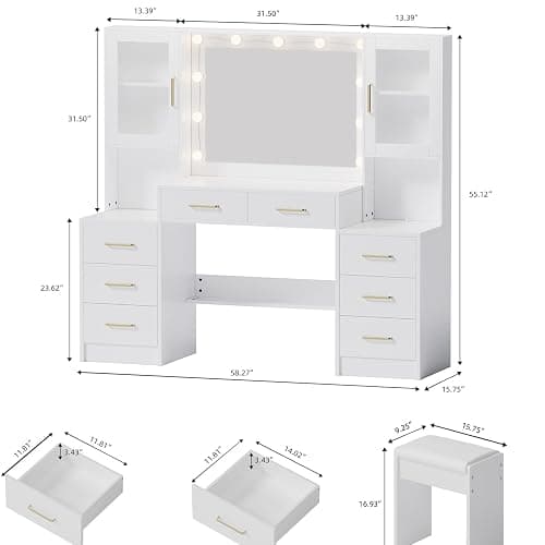 58.3" Large Vanity Desk with Mirror & Lights, Makeup Vanity with 10 LED Lights, 8 Metal Sliding Drawers & 2 Cabinets, White Vanity Set with Stool & Power Outlet 3 Lighting Modes Adjustable Brightness thumbnail 2