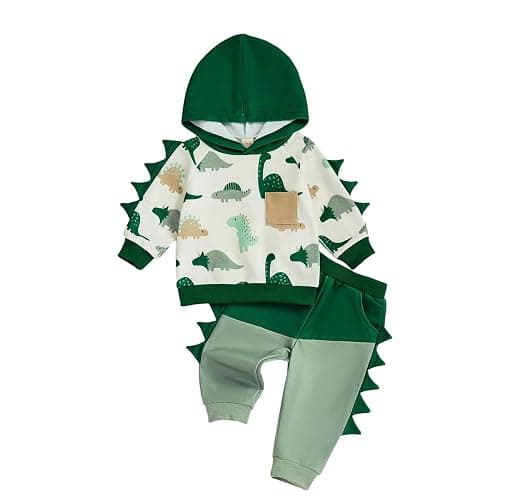 LIOMENGZI Infant Baby Boy Hooded Dinosaur Fall Outfit Contrast Sweatshirt Pant Set Toddler Dinosaur Clothes 6 12 18 Months 2T - Image 1