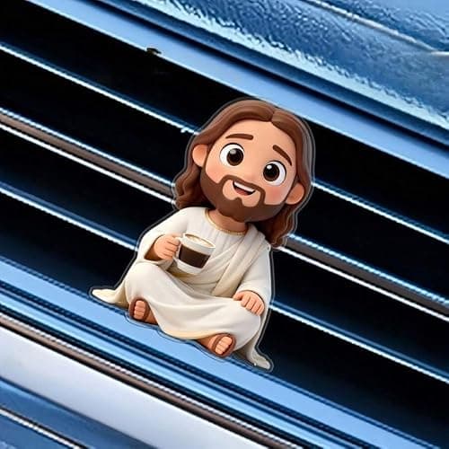 Cute Cartoon Jesus Coffee Car Air Vent Clip Acrylic Auto Decor for Women Reusable DIY Scent Diffuser Accessory Religious Car Ornament Gift (White) - Image 1