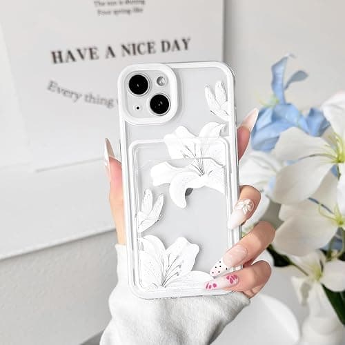 NITITOP Compatible for iPhone 13 Case Cute Lily Flower - White | Clear, Floral, Butterfly, Wallet, With card holder, Color Frame shockproof, For Women Girl, Soft TPU, Shockproof, Waterproof thumbnail 4