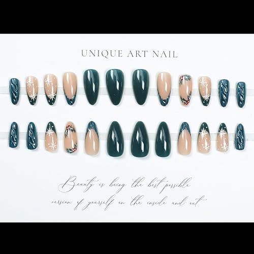 LPOODDNU Christmas Press on Nails Almond - Green French Tip Medium Fake Nails with Snowflake Designs, Glossy Finished Reusable False Nails with Adhesive Glue Tabs - 24Pcs Nail Kit for Women Manicure thumbnail 4