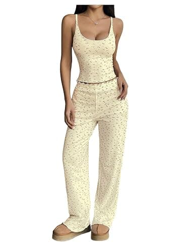 SHENHE Women's 2 Piece Pajama Set Sleeveless Crop Cami Top and Pants Y2k Floral Pjs Loungewear - Image 1