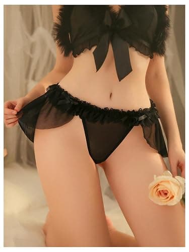 OYOANGLE Women's Sexy Panties Lace Ruffle Thong Lingerie Goth Underwear | Bride Underwear, See Through, Bowknot, Mid Waist, Ruffle Side Thong, Lingerie Bottoms thumbnail 4