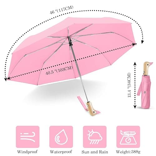 Natuquebrela Cute Duck Umbrella Automatic - Compact Pretty Pocket Size Strong Duck Collapsible Umbrella Yellow Wooden Handle for Women thumbnail 3