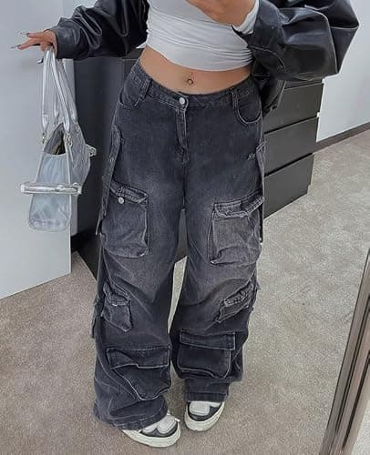 Lafaguw Women's Cargo Pants Low Waist Baggy Jeans Pocket Wide Leg Casual Trendy Streetwear Grunge Emo Clothes - Large - Black1 thumbnail 3