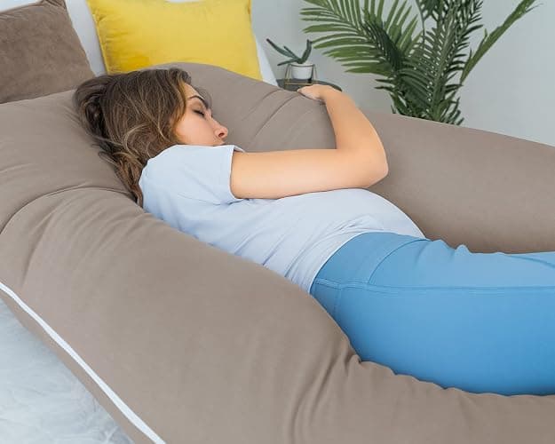 QUEEN ROSE Cooling Pillows, Pillow for Sleeping, 55in U Shaped Body Pillow for Pregnant Support, with Removable Silky Cover, Beige thumbnail 6