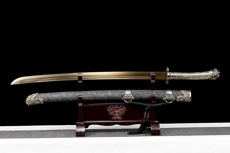 Yongli Sword Chinese Sword,Broadsword,Dragon Head Qing dao(High Manganese Steel Blade,Leathr Cover Scabbard) Length 40.5" Golden Blade thumbnail 3