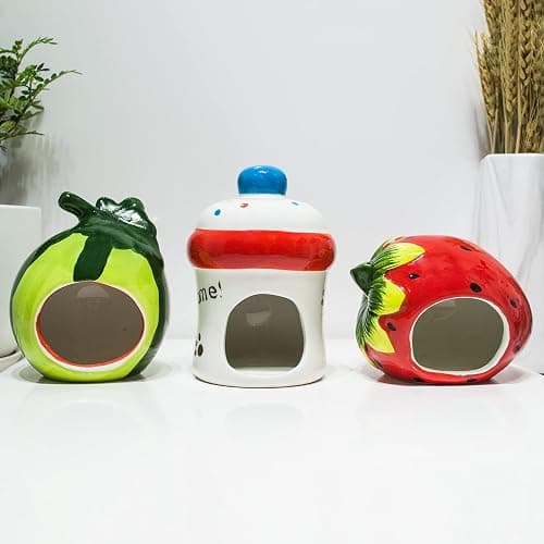 Besimple Hamster Hideout, Small Animal Hideout Ceramic Pet House, Adorable Shape Hamster House Cave Mini Hut Cage Critter Bath House for Chinchilla(Strawberry) thumbnail 7