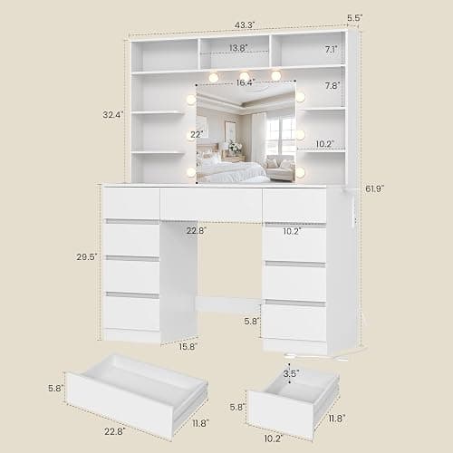 Vanity Desk with Mirror and Lights,43" Makeup Vanity Table with 9 Drawers and 7 Storage Shelves, Power Outlet & Adjustable LED Lights, Dressing Table for Bedroom，White thumbnail 3