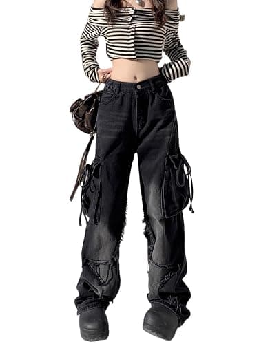 Unisex Y2K Star Patchwork Baggy Jeans – Wide Leg Distressed Denim Pants with Drawstring Waist and Cargo Pockets Streetwear - Image 1