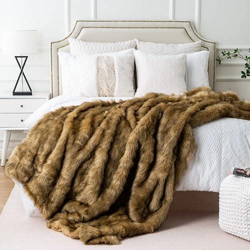 BATTILO HOME Faux Fur Throw Blanket Large Ochre 150x200cm | Luxury Fuzzy Warm Cozy Fluffy Fur Blanket for Bed, Sofa, Couch Home Decor thumbnail 4