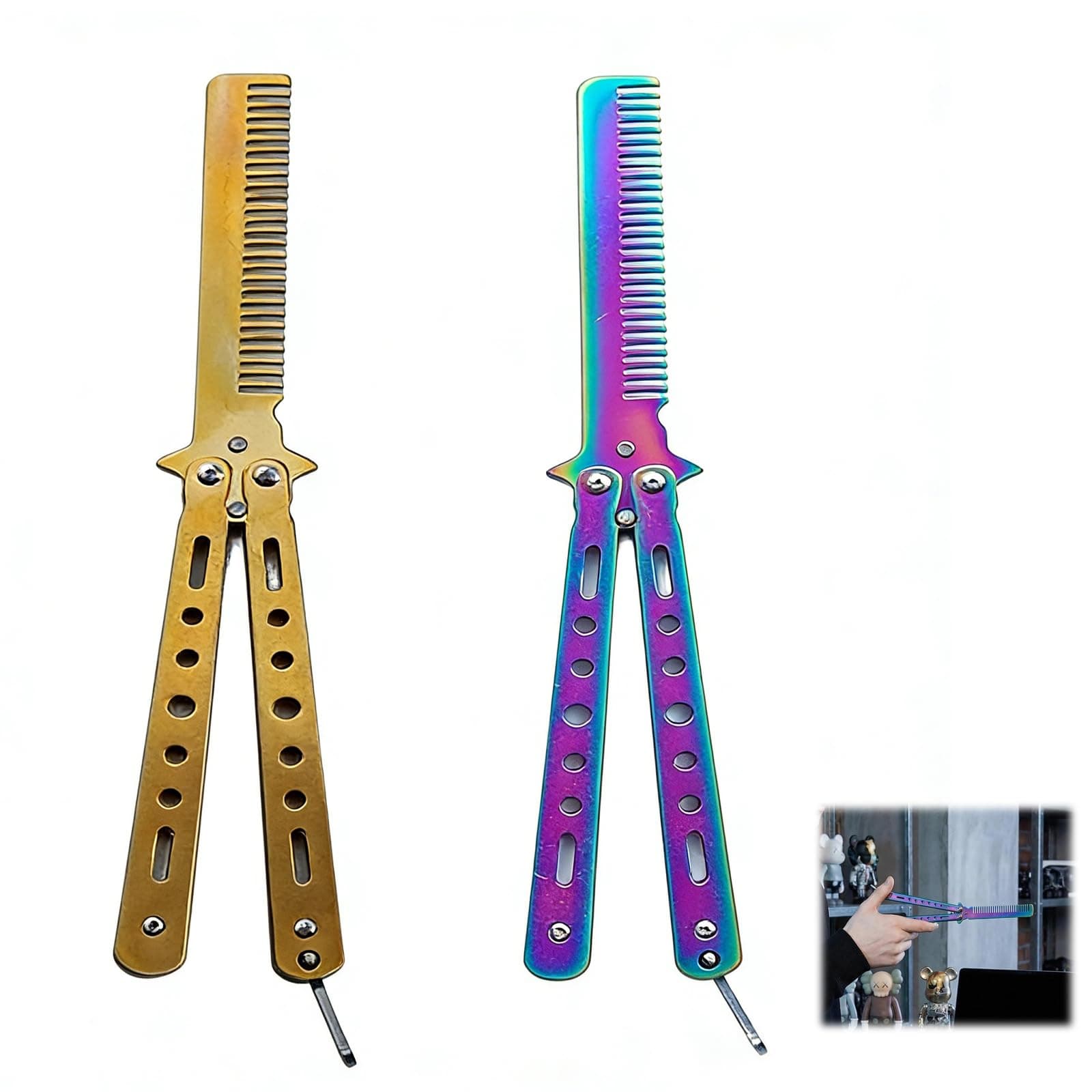 2 pcs Stainless Steel Practice Butterfly Knife and Comb Trainer for Beginners - Portable, Multifunctional Tools for Butterfly Comb Enthusiasts - Safe and Durable Training Set (Colorful,Gold) - Image 1