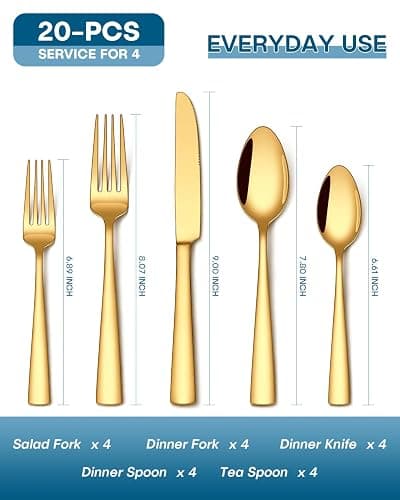 Stapava 20 Pcs Gold Silverware Set, Food-Grade Stainless Steel Flatware Sets for 4 Mirror Polished Cutlery Utensil Sets Include Dinner Knives Spoons and Forks Set Dishwasher Safe for Home Restaurant thumbnail 3