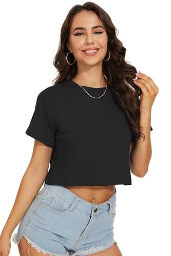 Womens Crop Tops Summer Casual T Shirts Short Sleeve Round Neck Tees Loose Basic Blouse thumbnail 4