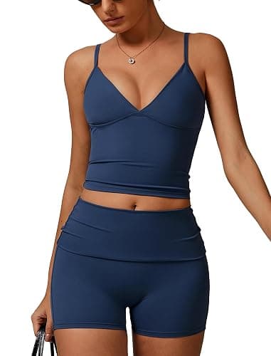 IMEKIS Sport Set für Damen Gym Outfit Gepolstert Yoga Crop Top und High Waist Shorts Zweiteiler Sportanzug Sommer Fitness Workout Bekleidung - Image 1