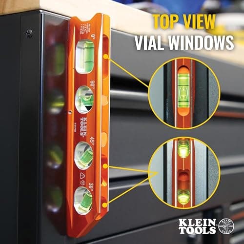 Klein Tools 935RB Torpedo Level, 8-Inch Billet Magnetic Level, 0/30/45/90 Degree Vials, V-Groove, Tapered Nose, High-Visibility Vial and Body thumbnail 5